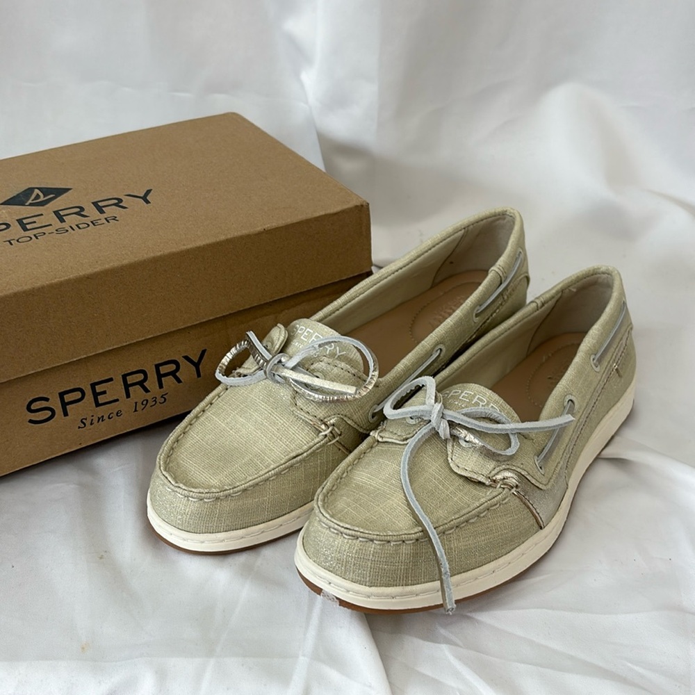 NIB Sperry Top-Sider sz7 Starfish Shimmer Off-White Slip On Boat Shoes